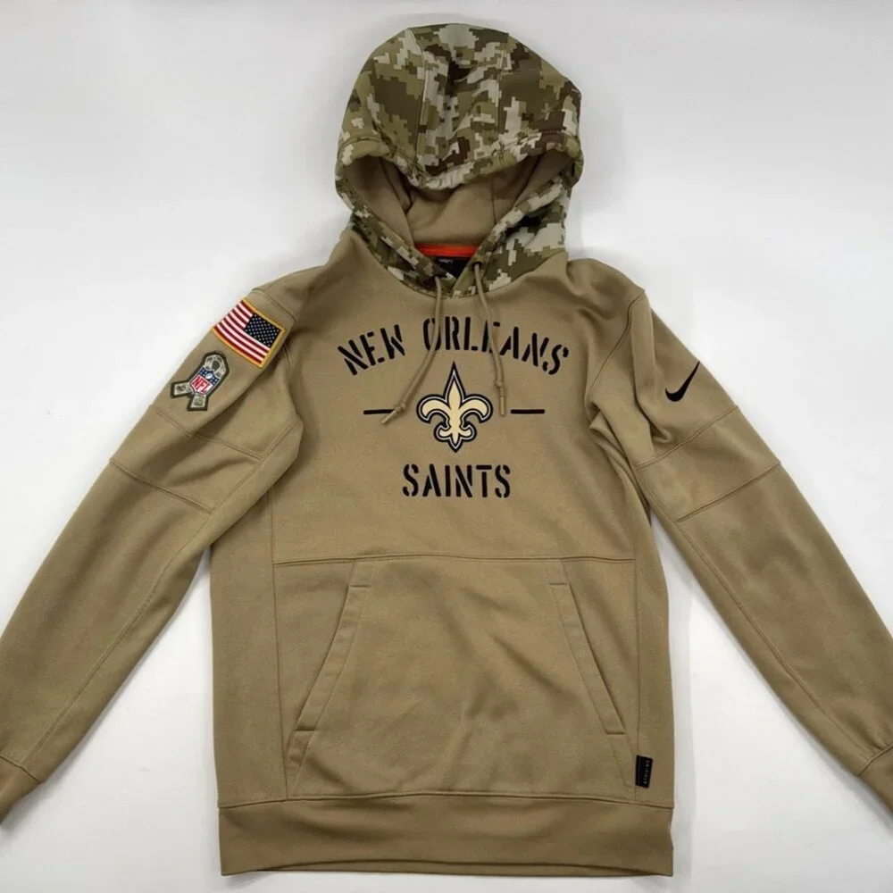 New Orleans Saints Hoodie Mens Small Salute to Service Camo Therma Pullover Tan